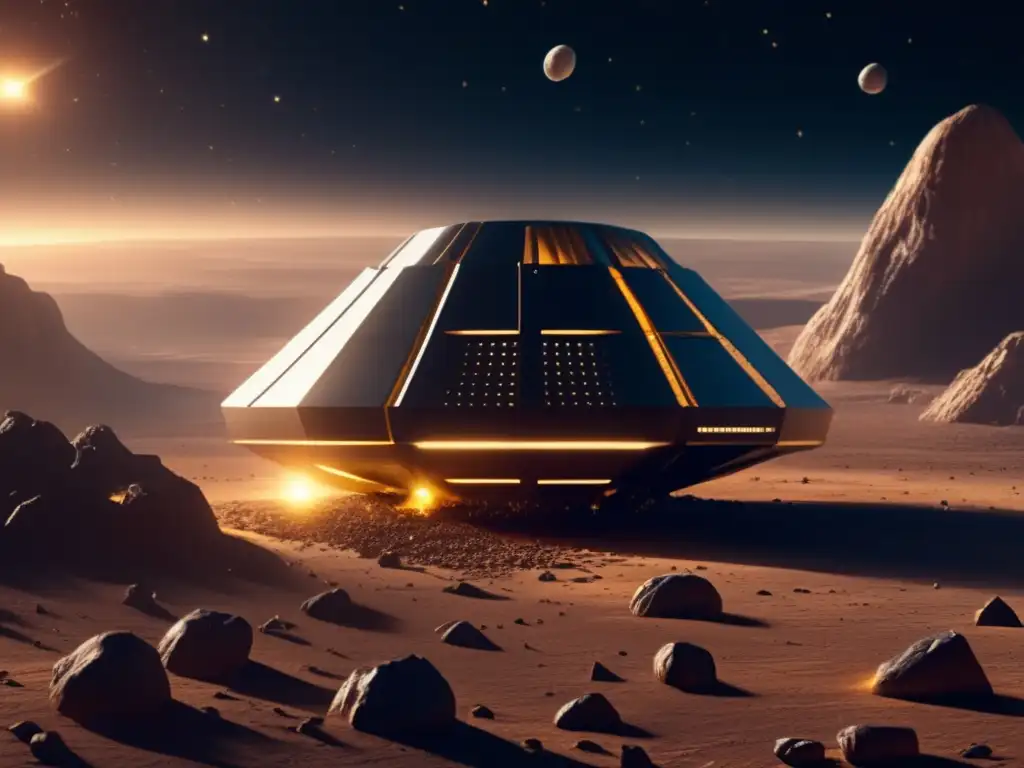 A photorealistic asteroid mining spaceship embarks on an exploratory journey through a planetary asteroid belt in the far reaches of the cosmos