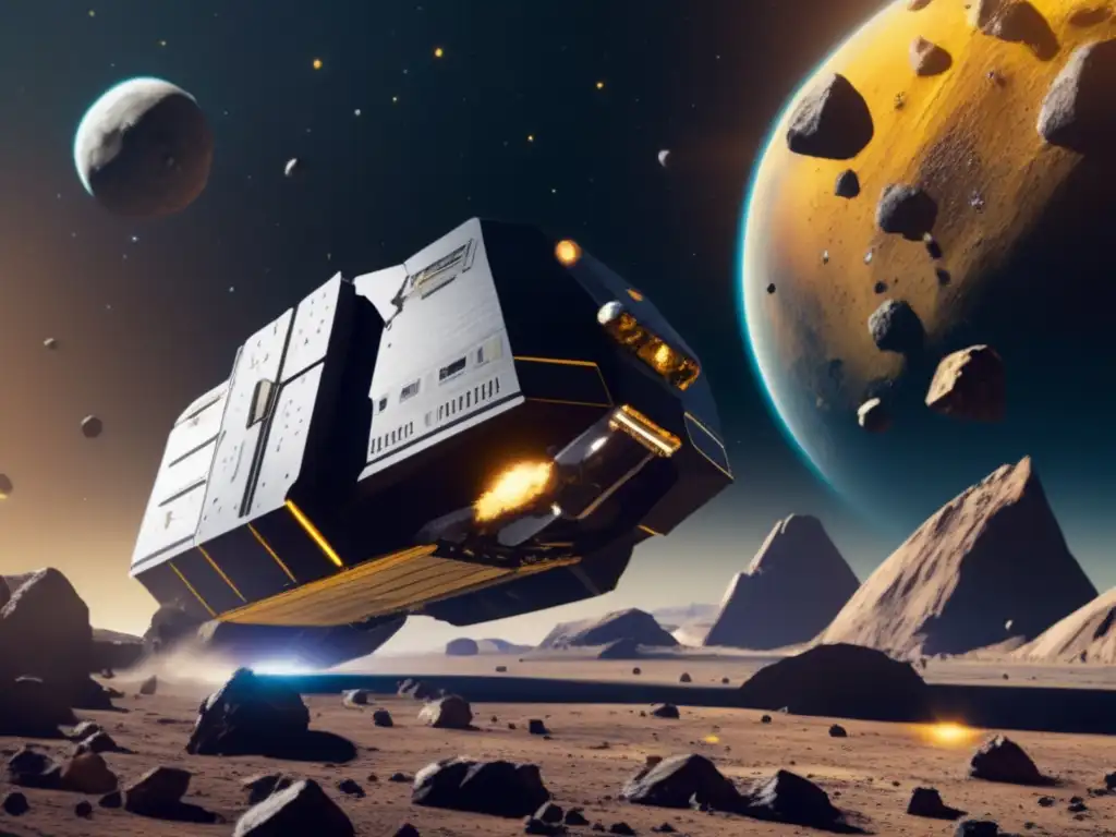 Close up of a spaceshipatically maneuvering through the black abyss of space to retrieve the precious minerals on an asteroid