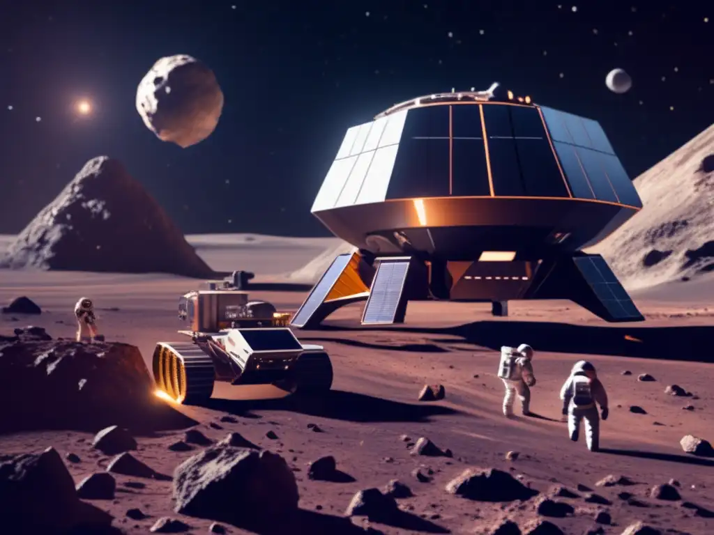 A photorealistic image of a spaceship orbiting an asteroid in a deep space, with an asteroid mining vessel following behind