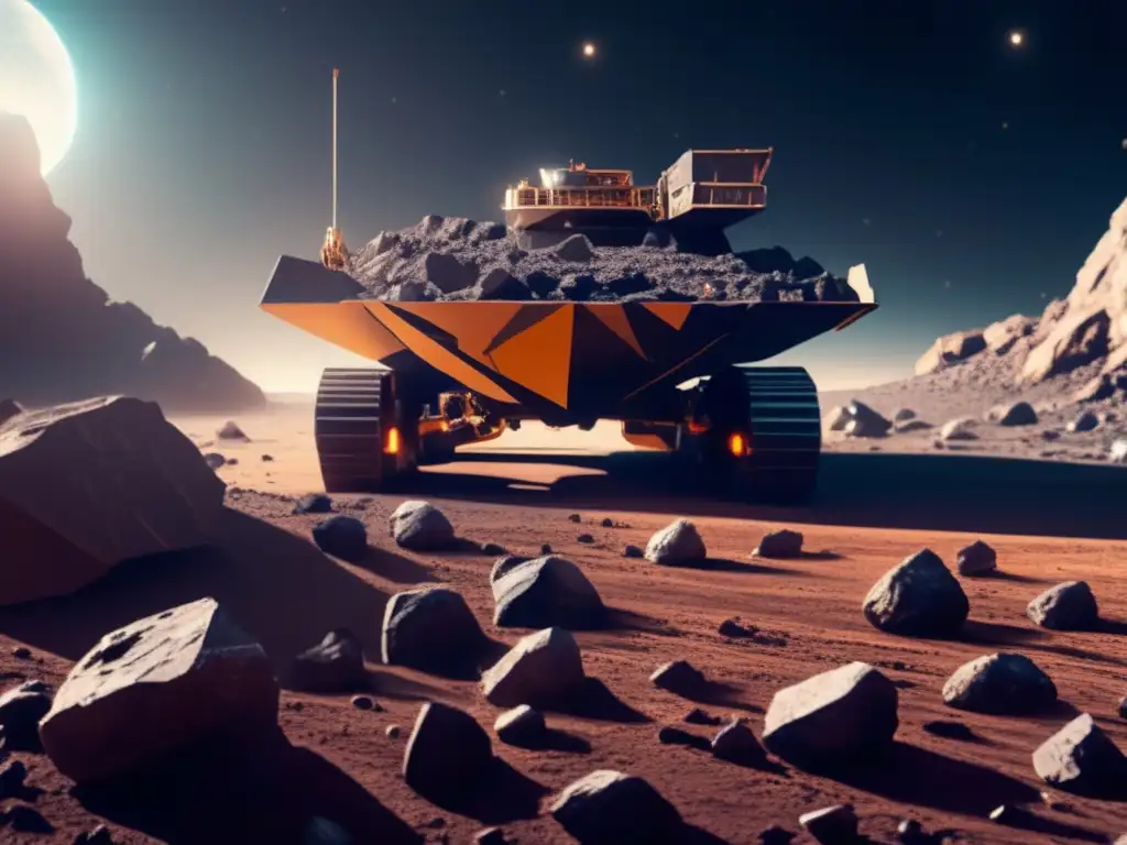 Asteroid Mining: Discovery's Dazzling Delight Awe-inspiring image of a mining vessel standing tall on an asteroid surface, amidst a sea of asteroid rocks