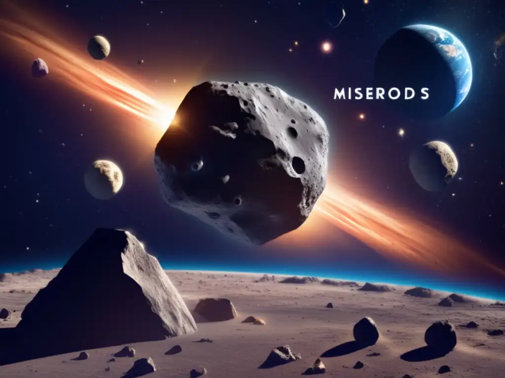 A stunning image showcases the detailed, photorealistic accuracy of the asteroid Misenus, its rocky and metallic surface textures radiating soft glow