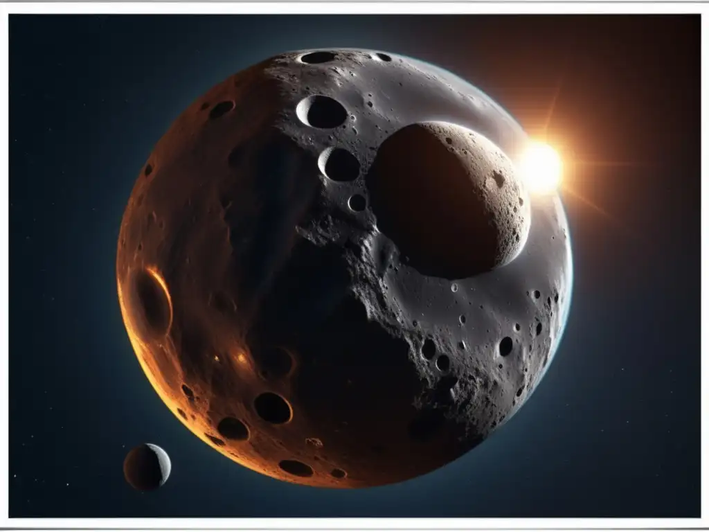 A photorealistic closeup of a dark asteroid moon, starkly contrasting against the sun, showcasing its rocky texture and craters