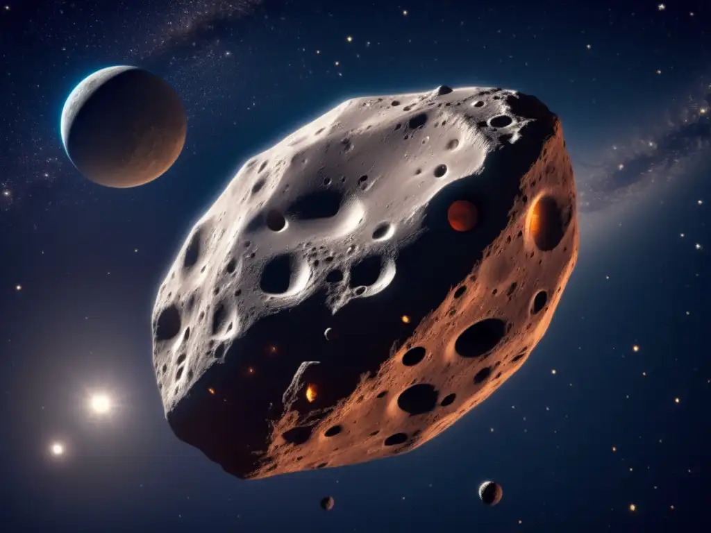 Asteroid Moon Orbit: Photorealistic Space Art A stunning photorealistic image of an asteroid in space with its moon in the backdrop, featuring tiny bumps and craters on the asteroid's sphere