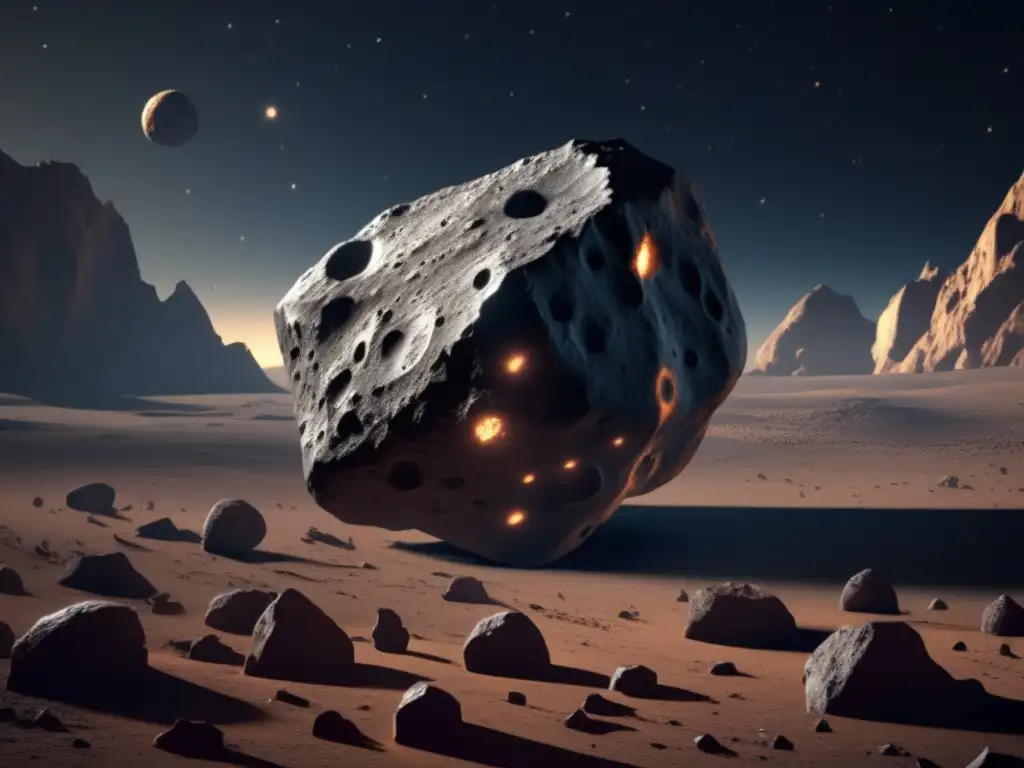 Dash: - A stunning photorealistic image of an asteroid, with ragged surfaces and deep, dark craters dotted across its surface