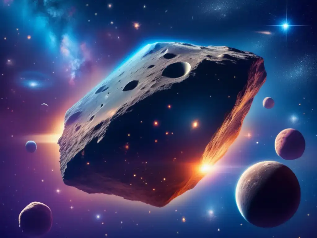 A photorealistic image captures a serene asteroid floating through space against a backdrop of sparkling stars and distant galaxies