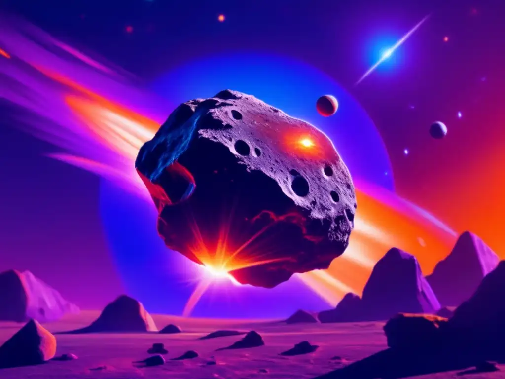 Capture an intricate asteroid's surface - Glowing orange sun, swirling nebula - Hurtling through space, jagged rocks, craters, otherworldly glow