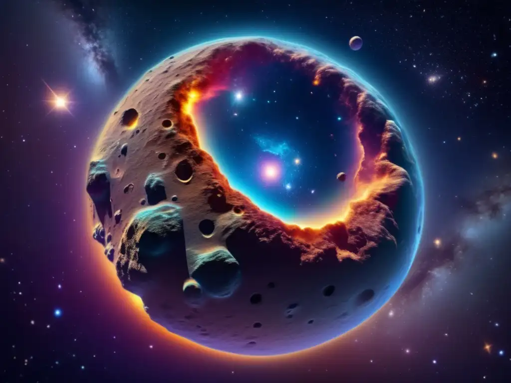 A stunning photorealistic depiction of deep space, with Asteroid Neoptolemus as a vibrant, shimmering sphere at the forefront
