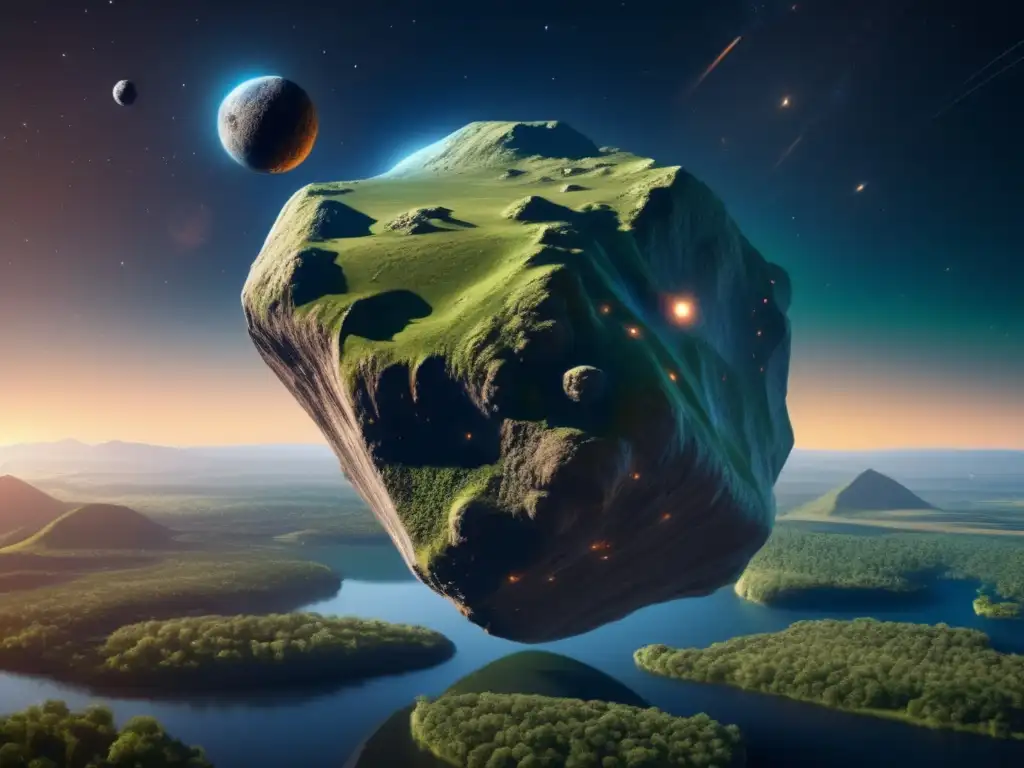 Discover the breathtaking beauty of Asteroid Neoptolemus in this photorealistic image, surrounded by vibrant forests and sparkling rivers