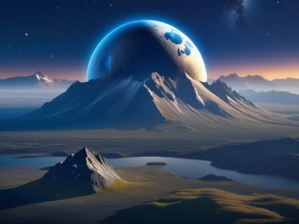 A breathtaking aerial view of an asteroid in the night sky above the rugged Alaskan wilderness