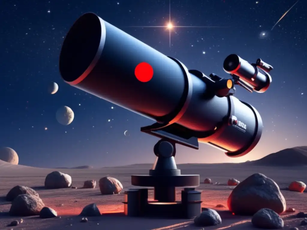 A telescope gazes towards asteroid Nisus, glowing red against the canvas of space