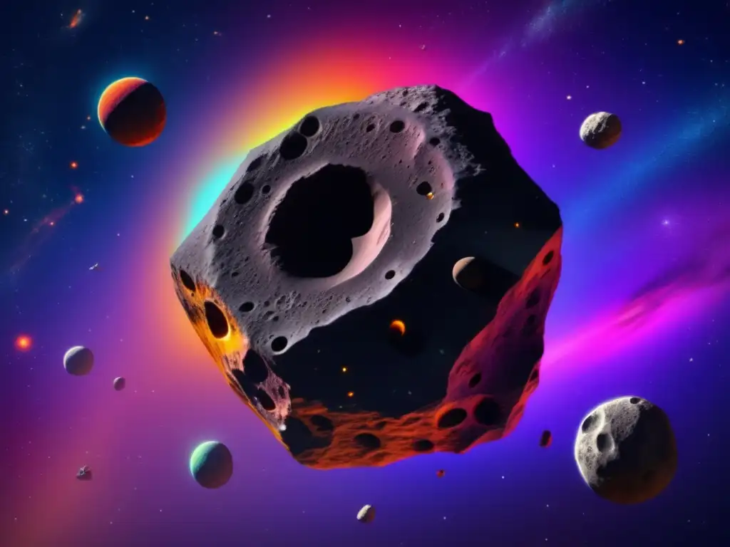A mesmerizing portrait of a vast black asteroid, encircled by vibrant nebulae, commands attention