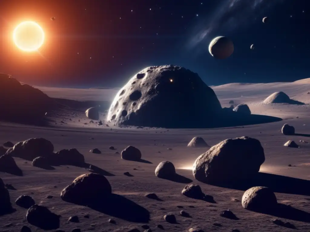A breathtakingly photorealistic image captures the massive asteroid, orbiting the sun with multiple smaller asteroids in the background