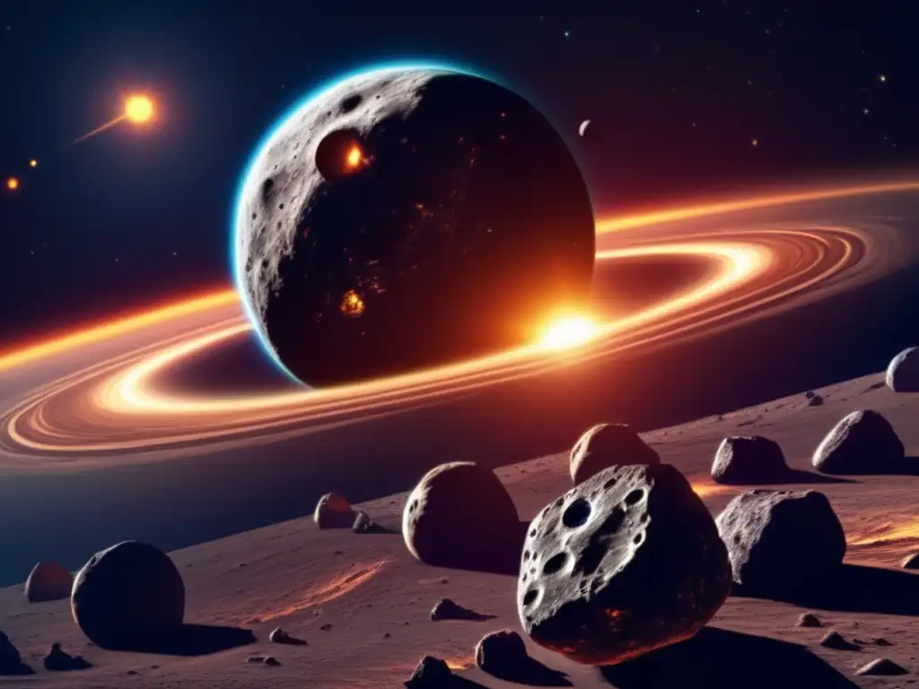 A stunning photorealistic depiction of an asteroid, orbiting around a vibrant sun, showcases its intricate surface in high detail
