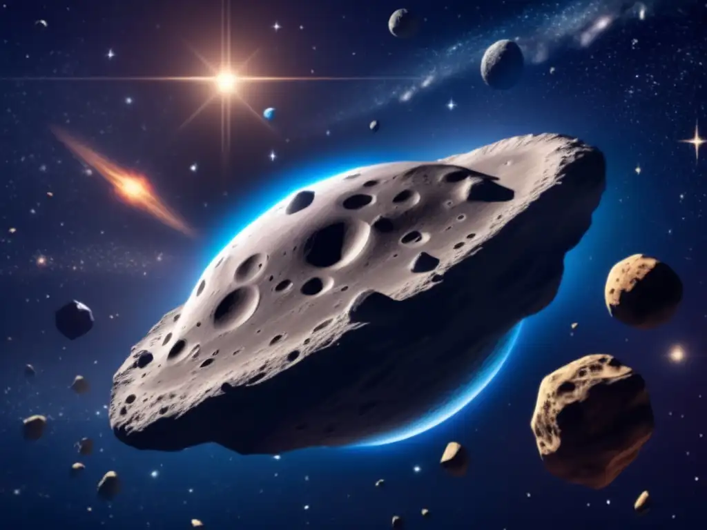 Asteroid Messenger: Photorealistic Universe Float A cosmic wonder, this photorealistic image captures the majestic beauty of a large asteroid floating in space, surrounded by smaller rocky outcroppings and sparkling stars in the backdrop
