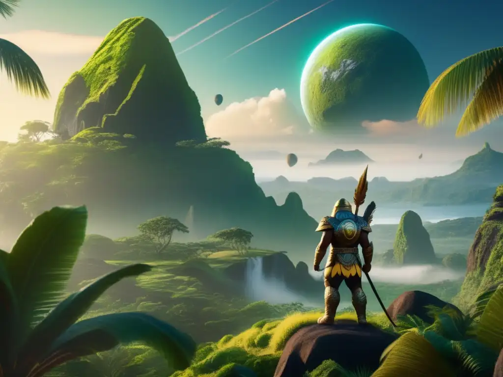 Asteroid Orbits Lush Earth: Polynesian God Statue Dominates Foreground Got it! Here's your ALT text:
- A majestic statue of a Polynesian god stands tall atop a hill on Earth