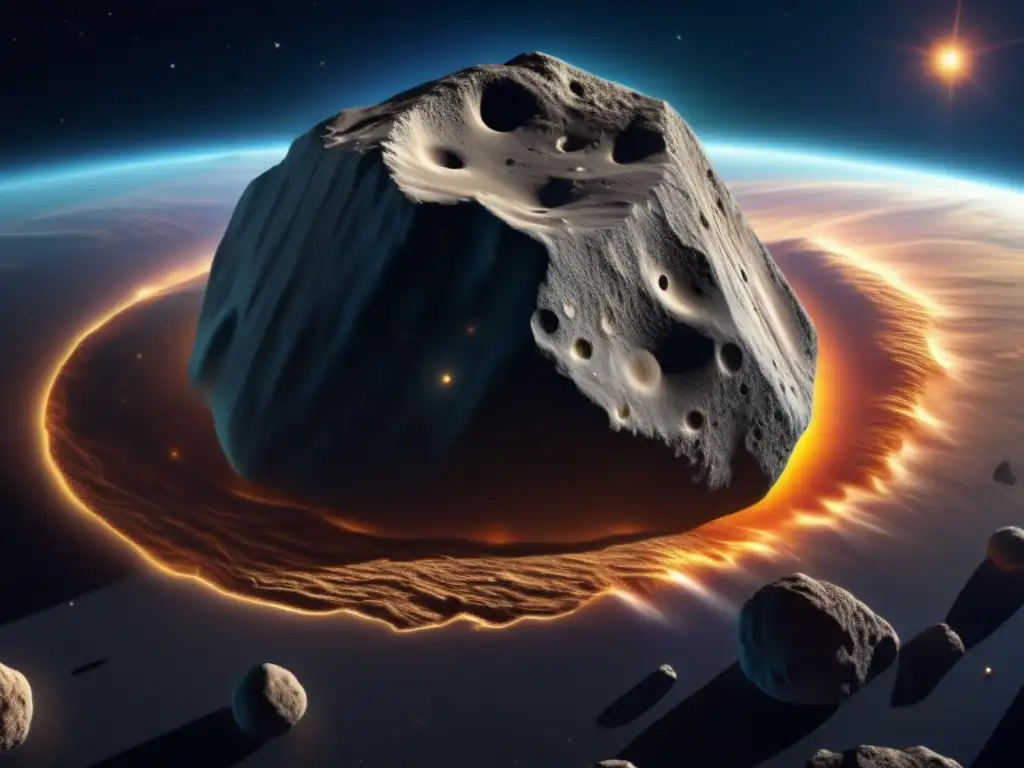 A photorealistic image of an asteroid panthous, with an intricate and detailed surface texture revealing all its grooves and contours