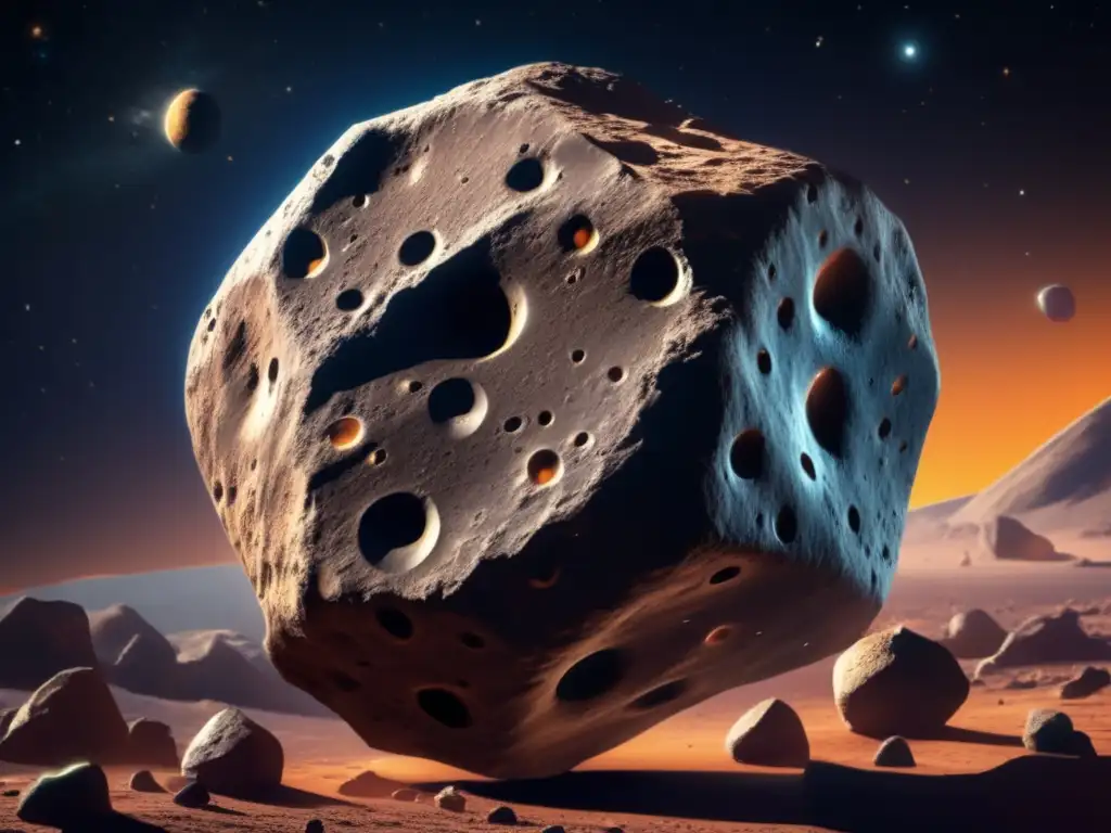 A truly breathtaking photorealistic image captures the majestic shape of Asteroid Panthous, its dusty surface adorned with intricate rock formations and craters