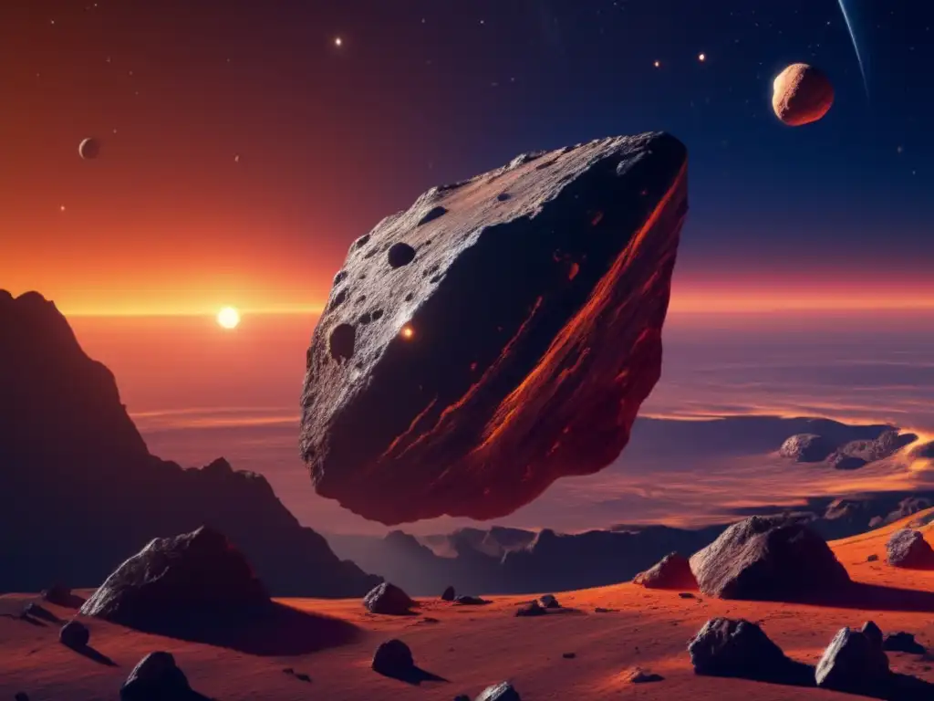 A photorealistic, 8k ultradetailed image of a rugged asteroid rising from below the horizon, with intricate details of its surface