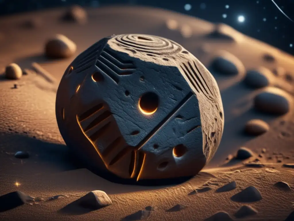 A hauntingly realistic closeup of a prehistoric petroglyph portrays an asteroid with radiating sharp lines, surrounded by darkness