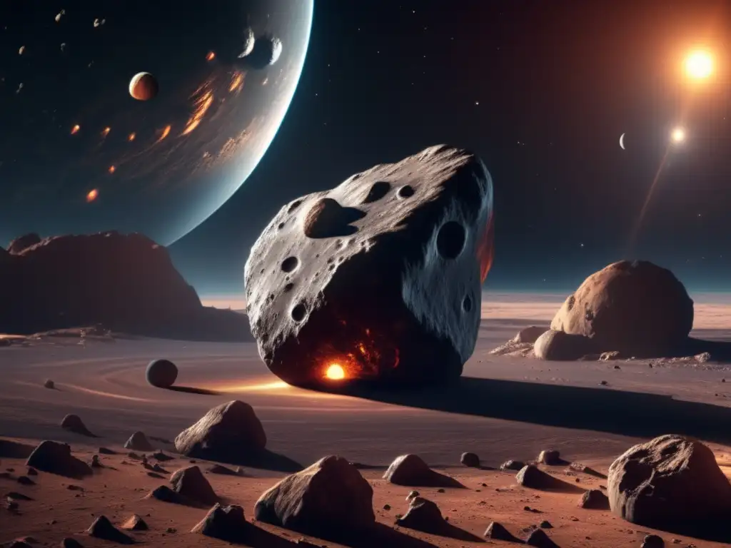 A breathtaking 8k photograph showcases the rugged terrain of an asteroid in space, complete with visible craters and reflections from a distant sun
