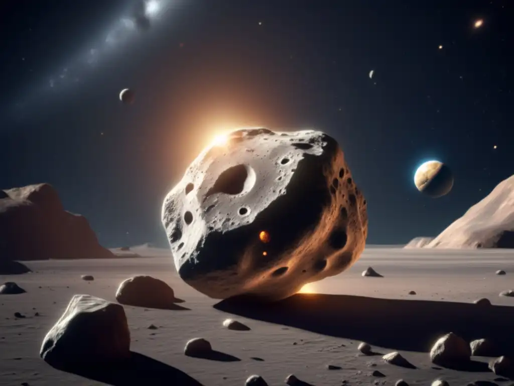 A breathtaking, highly detailed photorealistic image of an asteroid in space