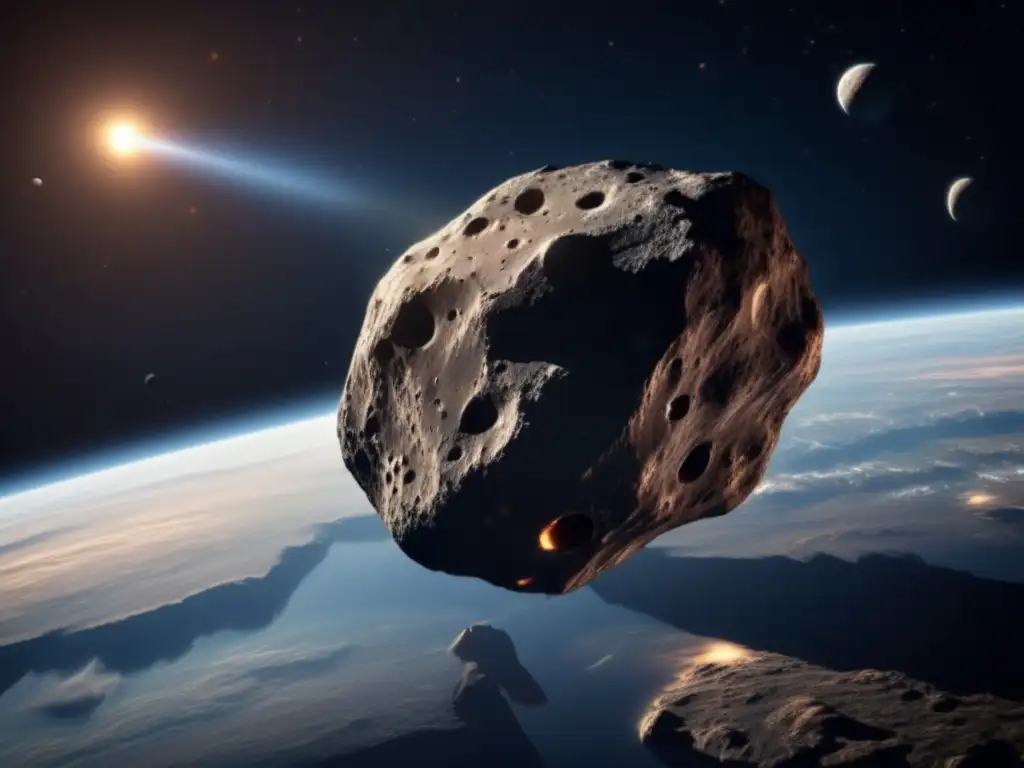 Photorealistic depiction of an asteroid heading towards Earth with intimate details of its rugged exterior
