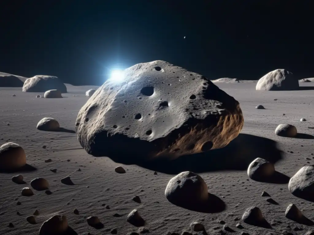 A next-level photograph of the rocky Asteroid Podalirius, with its profound craters on a black canvas, yet trace sounds illuminate its rugged terrain