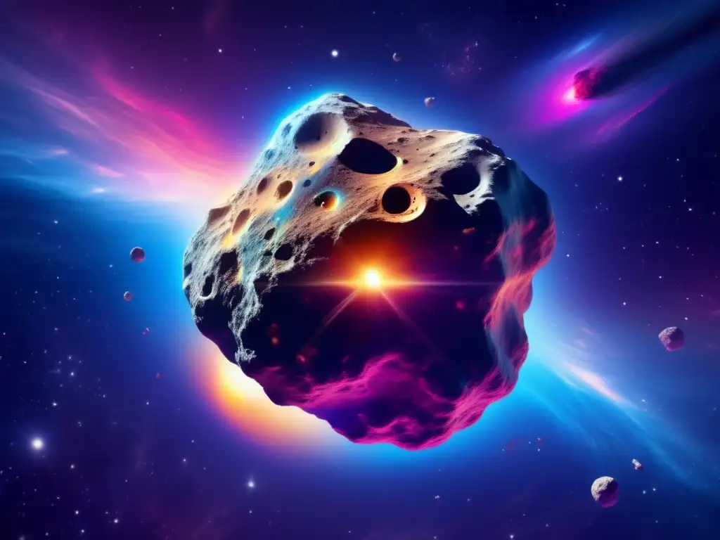 A mesmerizing photograph of an asteroid polypoetes floating in a vibrant cloud of gases and particles against a backdrop of distant stars and galaxies