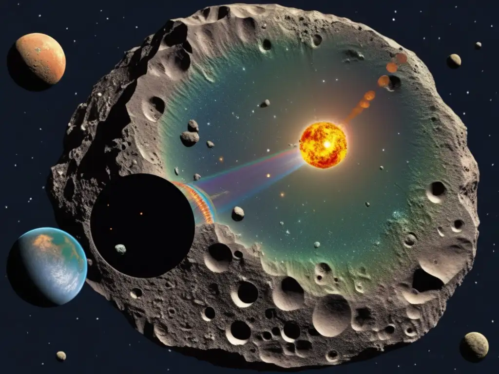 A fullcolor image of the closeup view of Asteroid Proserpina, with a detailed topography map overlaid on a transparent background