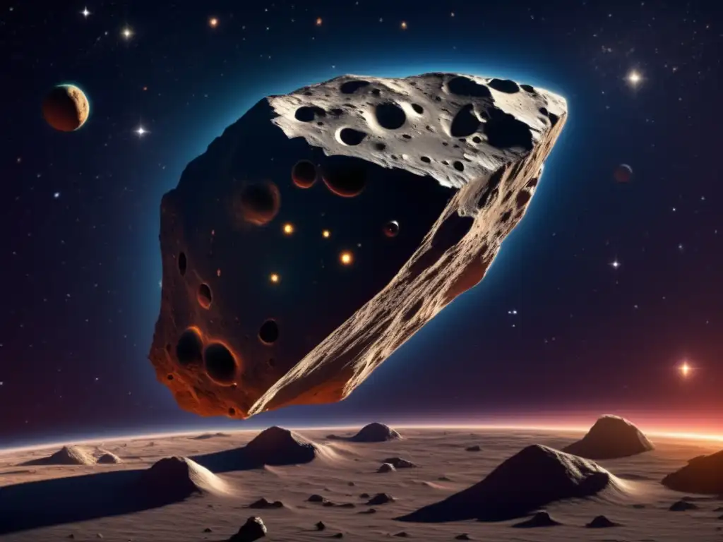 Dashing asteroid and intricate surface details cast shadows in the glowing darkness of space with tension in every photorealistic detail