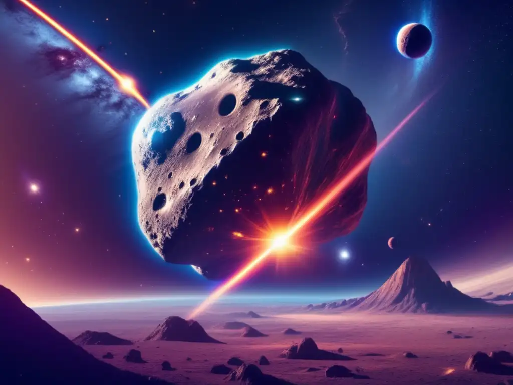 Massive Asteroid Barrels Through Space, Planet in Danger Asteroid storm rages across space, illuminated by pulsar, while a planet braces for impact