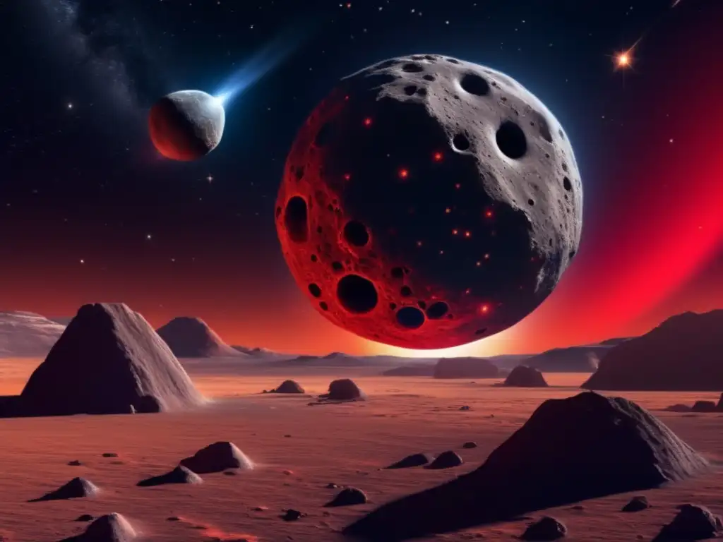 Stellar Wonders: Pylaemenes in Orbit The photorealistic image of asteroid Pylaemenes in orbit around its parent asteroid, Pylaemenes, showcases its radiant red and jagged craters, composed of carbonado and metallic iron