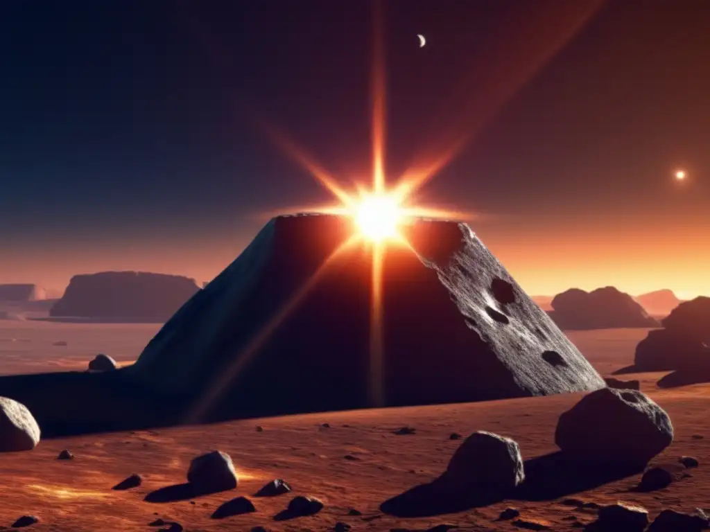 A breathtaking photorealistic image captures the intricacies of the asteroid Pylaemenes, surrounded by darkness and illuminated by the brilliant sun