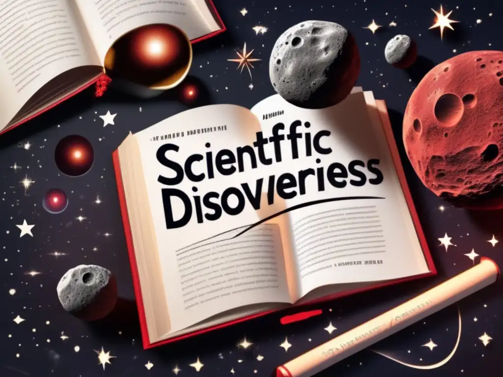 Unraveling the Secrets of the Cosmos A photorealistic image of an asteroid swirling around a dim red star with 'Scientific Investigations and Discoveries' in elegant white font lettering