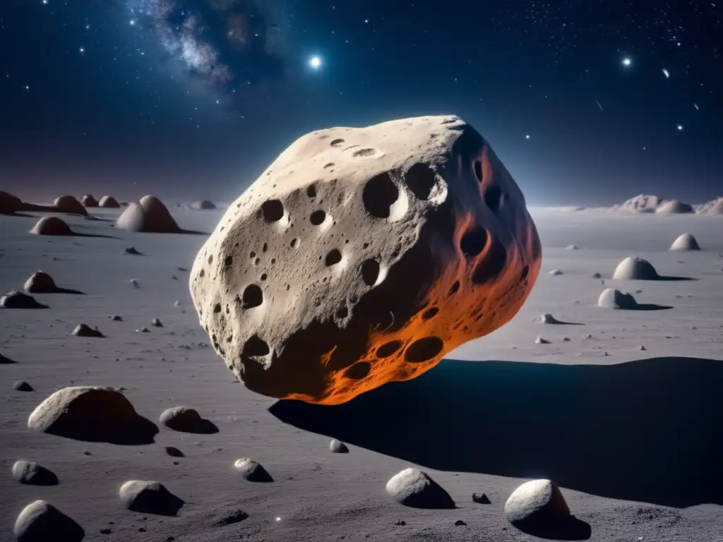 Rhesus, a magnificent asteroid floating amidst the cosmos, with a complex, jagged surface showcasing its unique organic structures