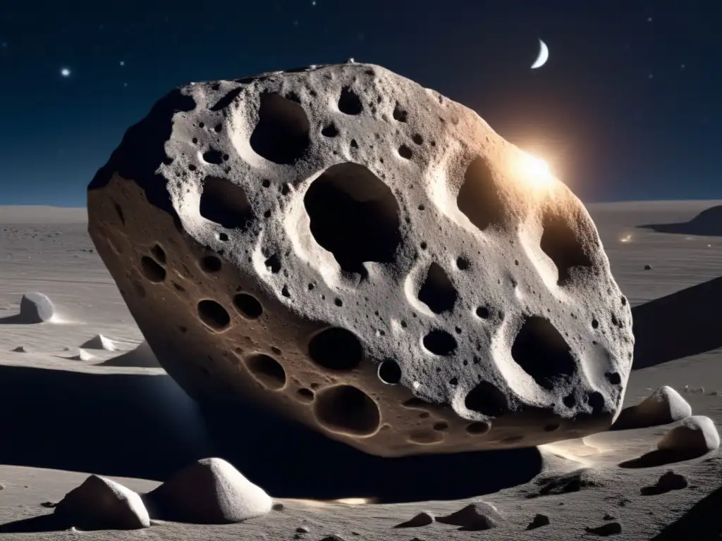 An icy moon shinesdown on a jagged, weathered asteroid, casting an eerie glow on small, sparkling crystals embedded in its cracks