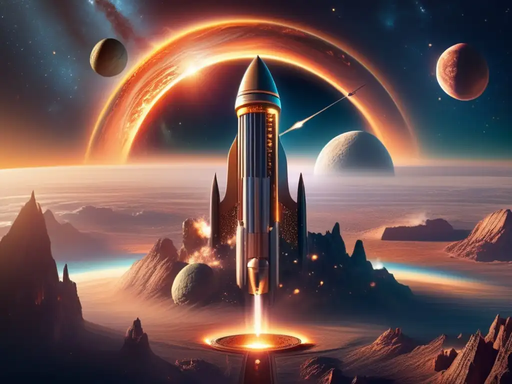A photorealistic image of a rocket traversing space, emitting a warm glow as it races towards a heavenly clock on a majestic celestial body