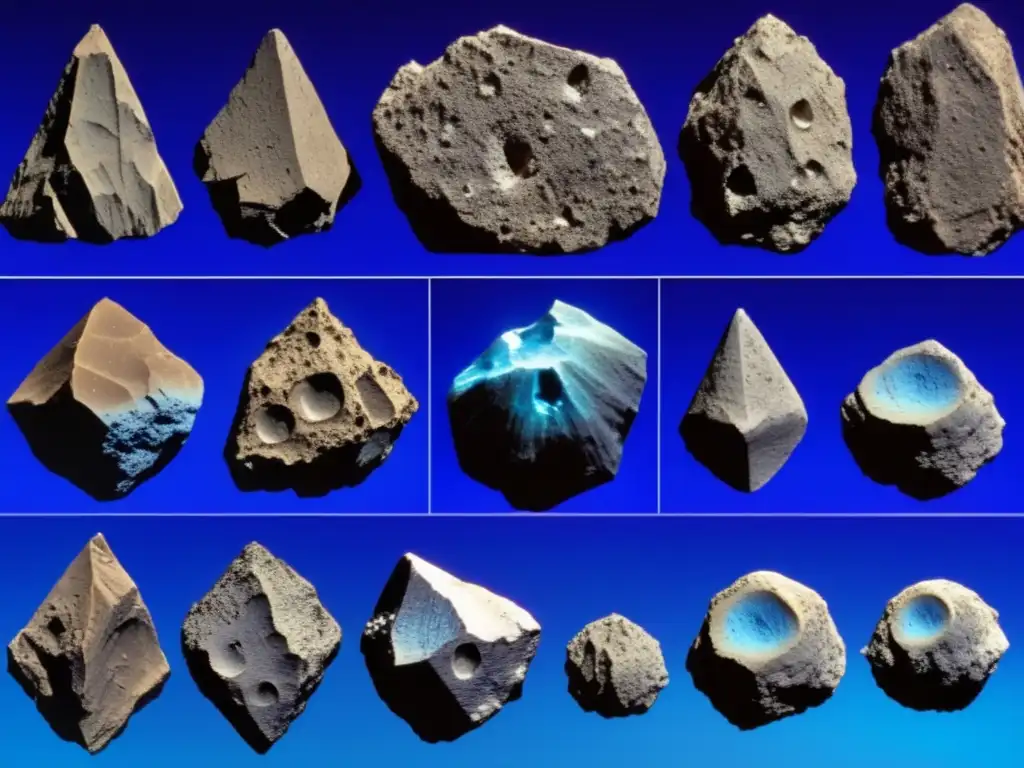 A stunning display of 8 asteroids in a field of blue, each with intricate details and grooves