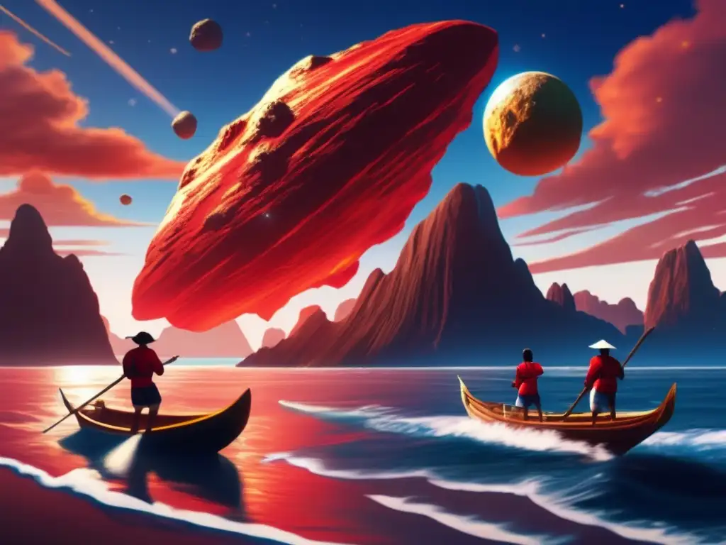 A bright red and gold asteroid orbits the ocean, emitting a faint light that illuminates the surroundings in hues of gold and red