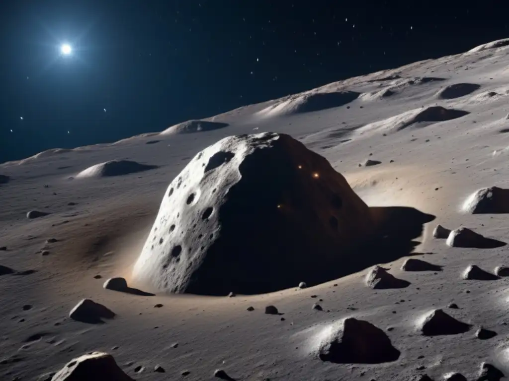 A breathtaking closeup of a satellite orbiting an asteroid, with intricate rocky surfaces and craters visible in the background