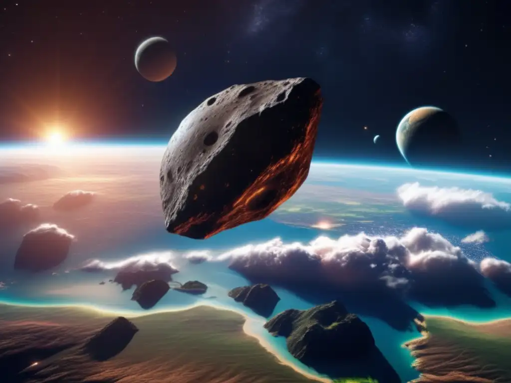 A mysterious asteroid, illuminated by a brilliant specular highlight, hovers over the earth's horizon in this photorealistic image
