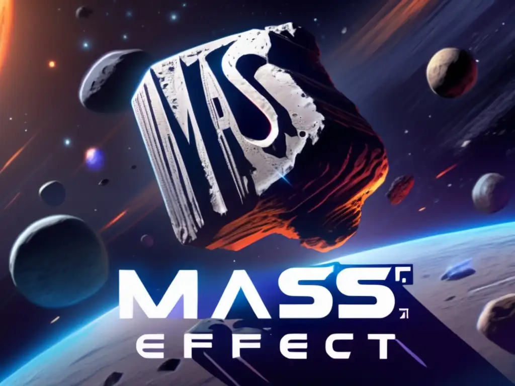 Mass Effect: A Photorealistic Asteroid Adventure in Space Dash - An awe-inspiring image of a highly detailed asteroid, labeled with 'Mass Effect' in bold, floating in space with nearby stars and other celestial objects visible in the background