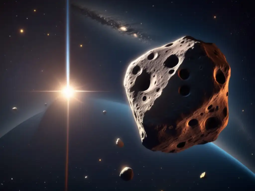 Asteroid: A Photorealistic Tour Through Space's Cosmic Landscapes A celestial orb stands tall, its surface speckled with craters and ridges, set against the backdrop of a brilliant sun as it spins in space
