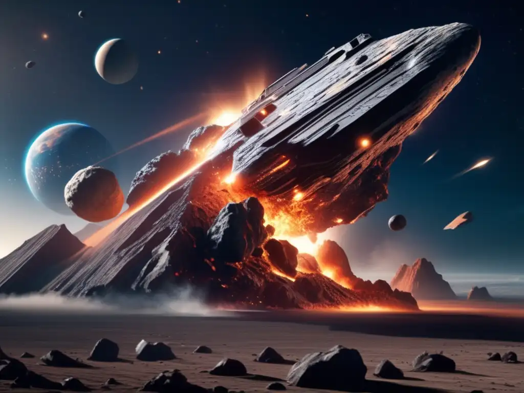 A photorealistic closeup of an asteroid impacting a Battlestar Galactica-like spacecraft, showcasing intricate rocky formations and surface details, while the spacecraft sustains visible damage from the blast and debris