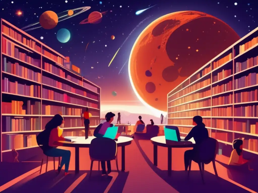A vast library/bookstore scene, brimming with books of diverse genres, rows of circular tables & chairs, and people engrossed in reading/typing