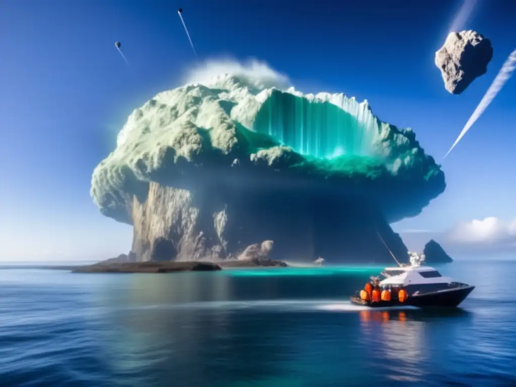 A celestial treasure trove awaits: A 1km asteroid floats serene in the turquoise sea, its jagged edges glistening with white water jets