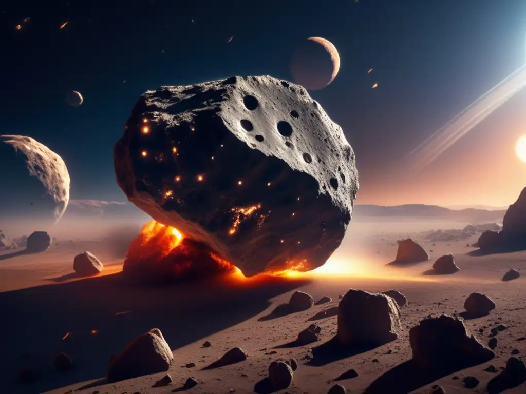 Dazzling Asteroid Closeup: Sun-Illuminated Craters and Fractures A stunning closeup of an asteroid, bathed in sunlight, reveals intricate fractures and craters on its surface