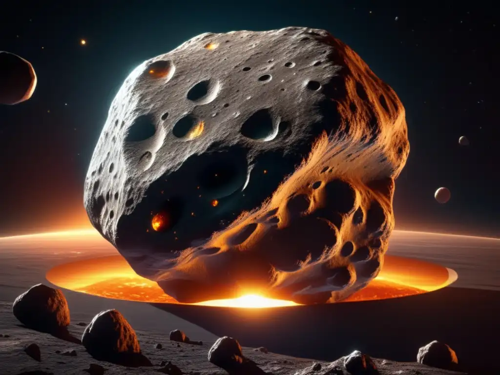 A breathtaking 8k ultradetailed image of an asteroid in deep space, radiant sun reflection upon its mysterious, dark surface, showcasing intricate textures and details