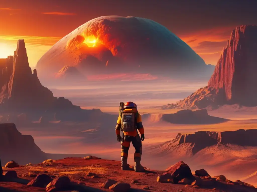 Postapocalyptic Earth's Last Stand: Asteroid Looms Over Ruins A haunting image of an asteroid looms over a postapocalyptic Earth, its barren landscape cast in a golden glow as the sun sets in the background