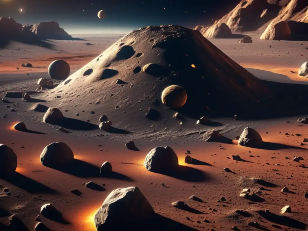 An immersive view of a breathtaking asteroid surface, with textured stones and craters that add depth to its dark landscape